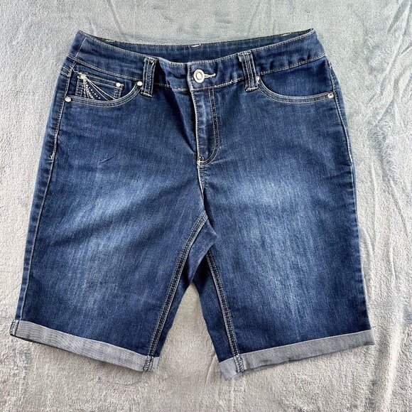 Christopher & Banks Rhinestone Jean Shorts Sz 6 Blue Pockets Flowers Cuffed EUC - Picture 13 of 14
